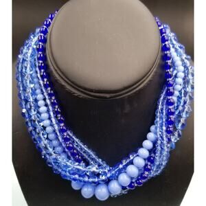 Vintage Hand Strung 15 1/2” 7-Strand Blue Glass Choker Necklace